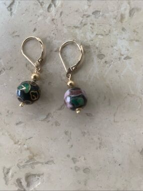 14k Cloisonné Drop Leverback Earrings with Green, Red, Black and Pink Enamel
